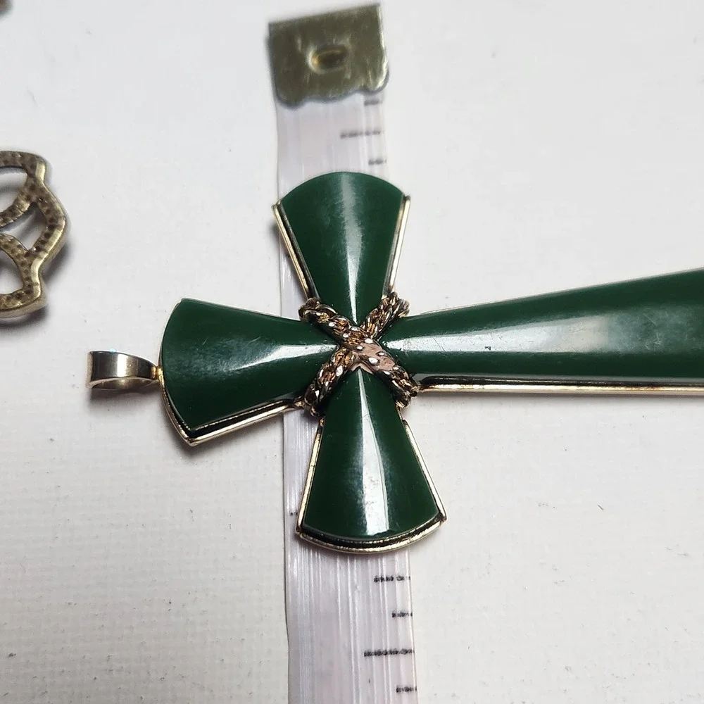 Ornate Bronze Filigree Cross Necklace and Green  acrylic Gold Tone Cross Pendant